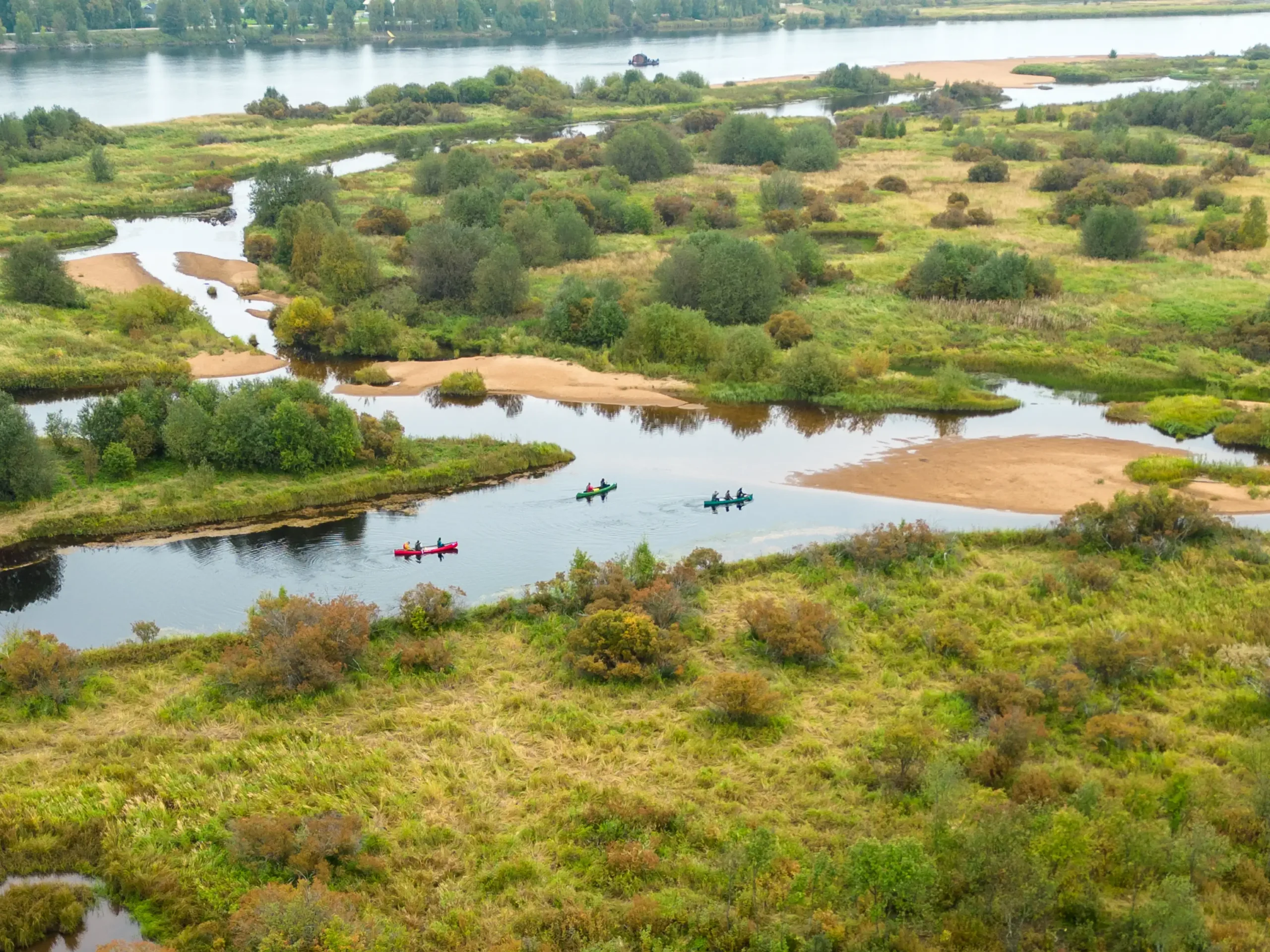 Aerial view of a river delta in the Lapland summer